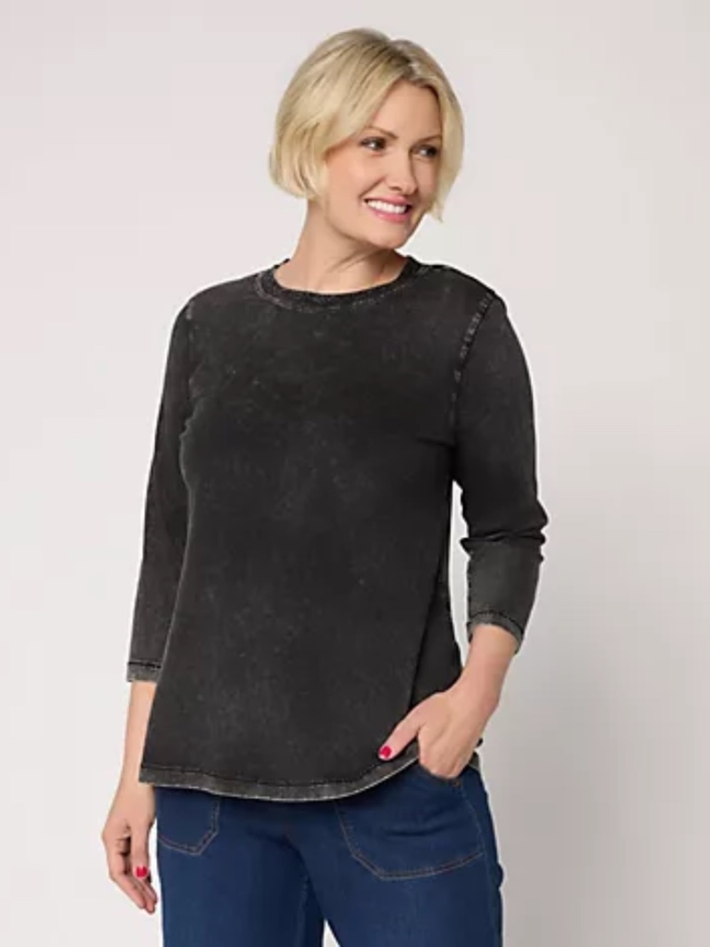 LOGO by Lori Goldstein Stitch Detail 3/4-Slv Top sunfade wash, Blk Sz a720538